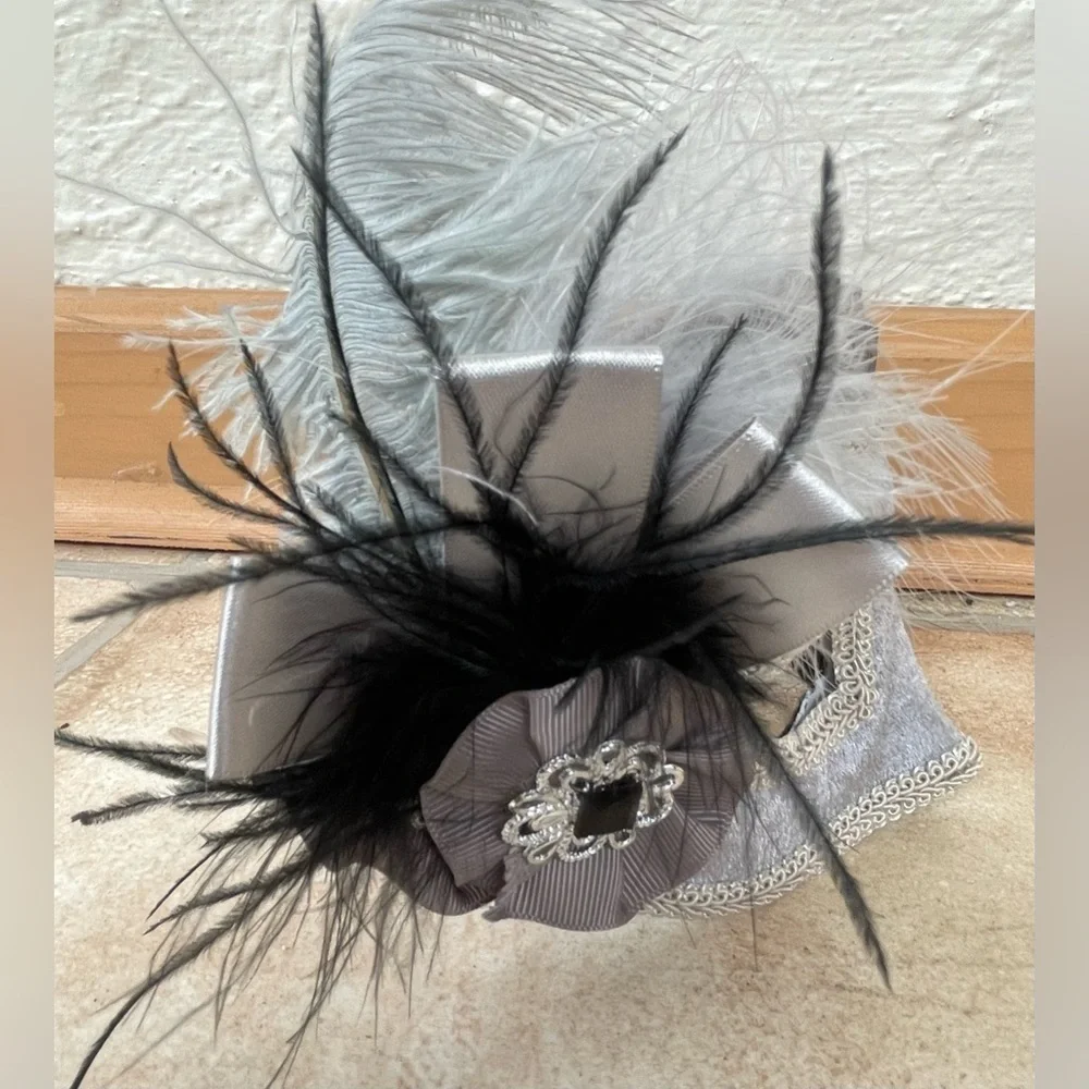 Silver Gray Maya Lulu Beaded Masquerade Woman’s Mask with Side Feather